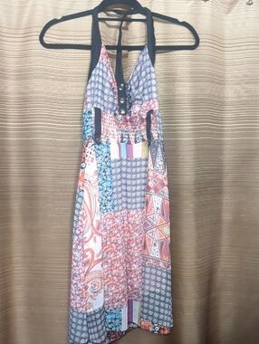 Cielo Halter Patchwork Maxi Dress in Coral & Blue